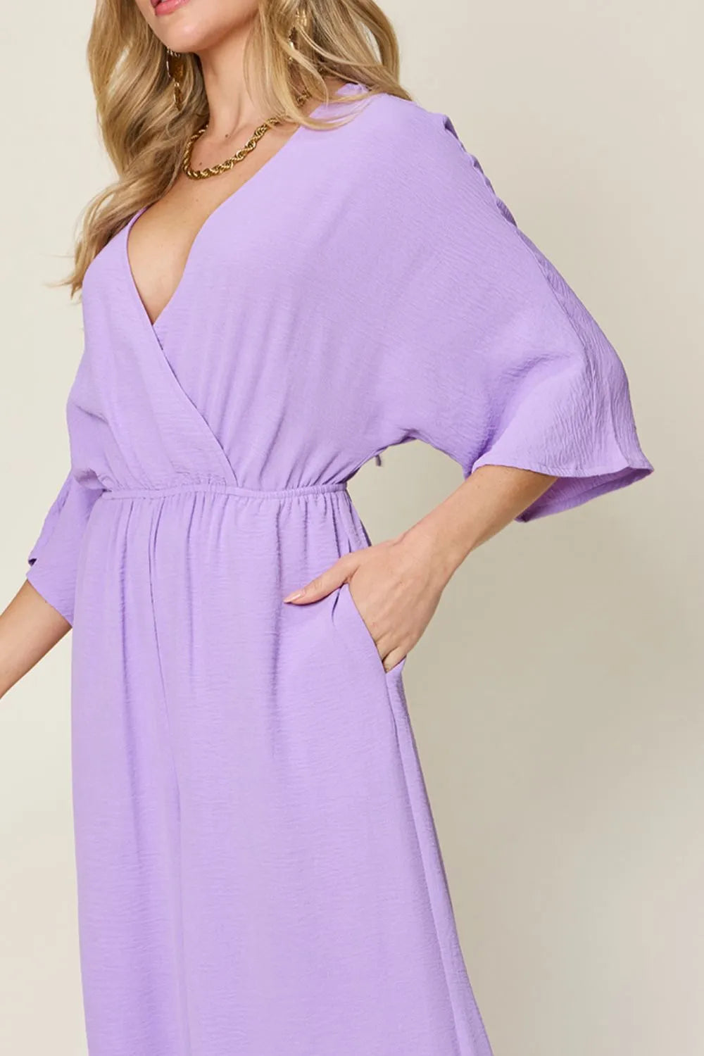 Hot Pink Double Take Full Size Surplice Wide Leg Jumpsuit With Pockets