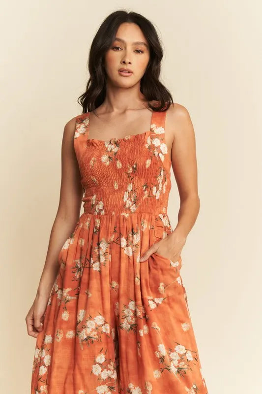 Davi Dani Floral Ruffle Square Neck Smocking Bodice Jumpsuit