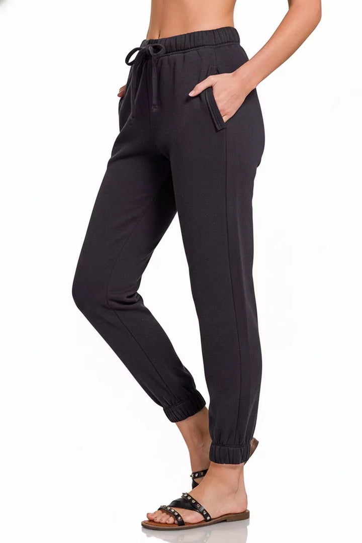 Black Zenana Fleece Drawstring Joggers With Pocket