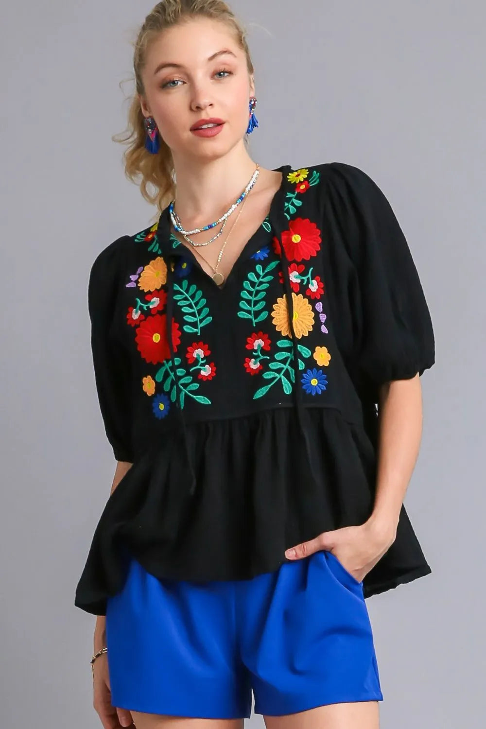 Black Umgee Full Size Cotton Gauze Floral Embroidery Babydoll Blouse Plus Size 1