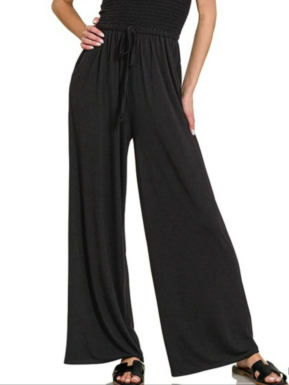 Black Zenana Strapless Wide Leg Smocked Jumpsuit