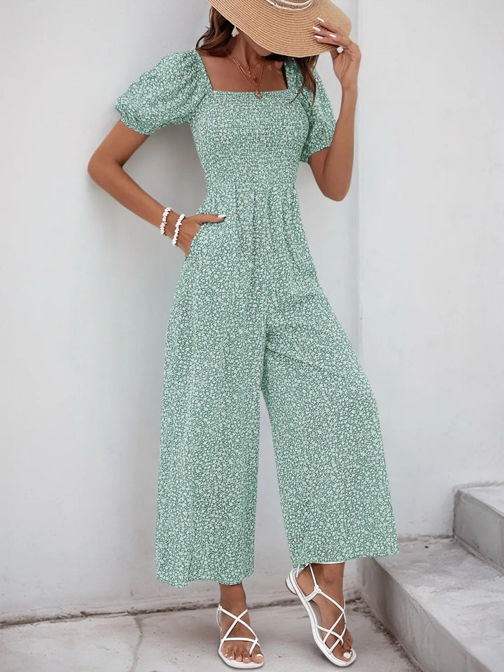Light Green Printed Square Neck Puff Sleeve Jumpsuit