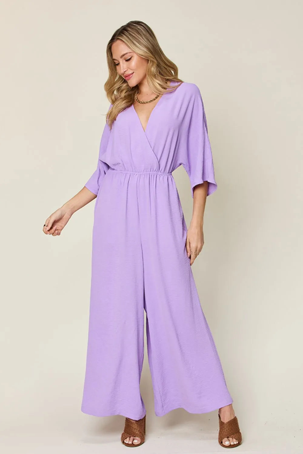 Lavender Double Take Full Size Surplice Wide Leg Jumpsuit With Pockets