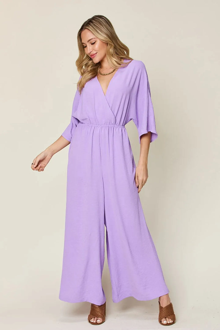 Lavender Double Take Full Size Surplice Wide Leg Jumpsuit With Pockets