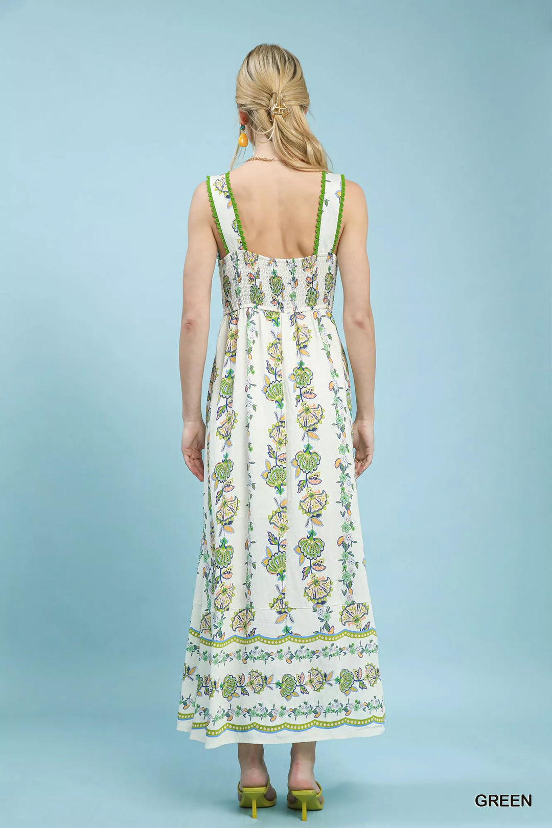 Green Umgee Floral Print Tiered Midi Dress