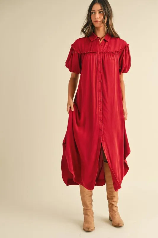 Deep Red Annie Wear Mineral Washed Button Down Puff Sleeve Shirt Dress