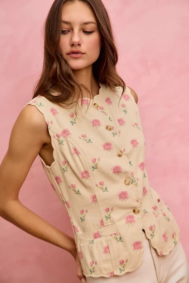 Ivory/Pink So Me Floral Rose Cotton Twill Scallop Button Vest Top
