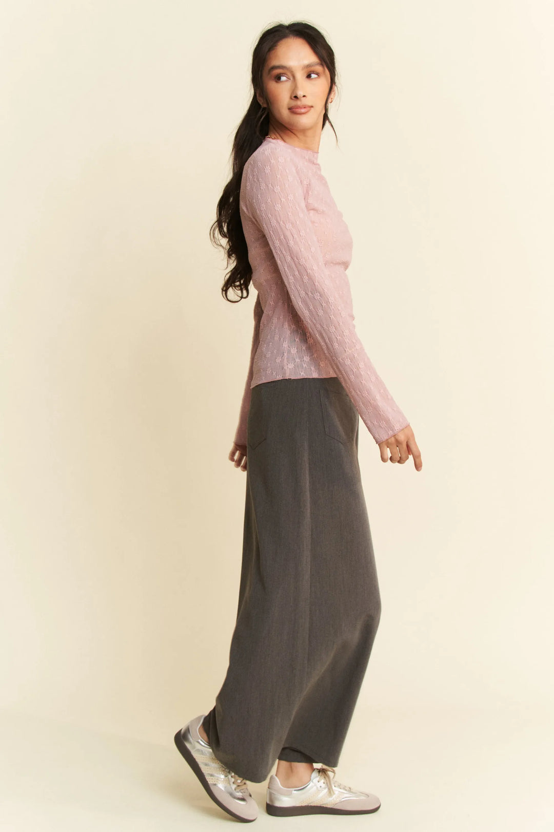 Davi Dani Long Sleeve Sheer Small Embroidered Bows Lace Top