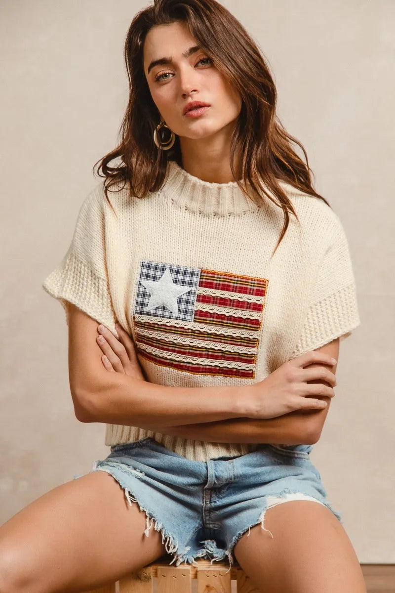 Oatmeal Bibi American Flag Patchwork Drop Shoulder Sweater
