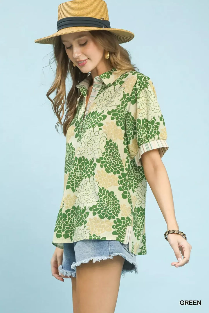 Green Floral Collared Short Sleeve Blouse