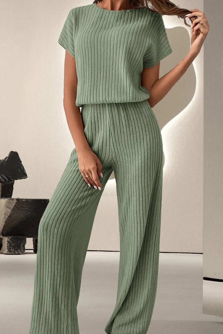 Sage Round Neck Short Sleeve Jumpsuit