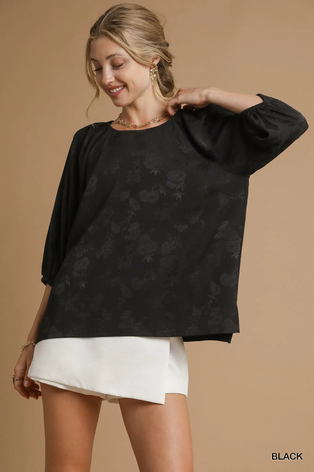 Black Umgee Satin Jacquard Balloon Sleeve Blouse