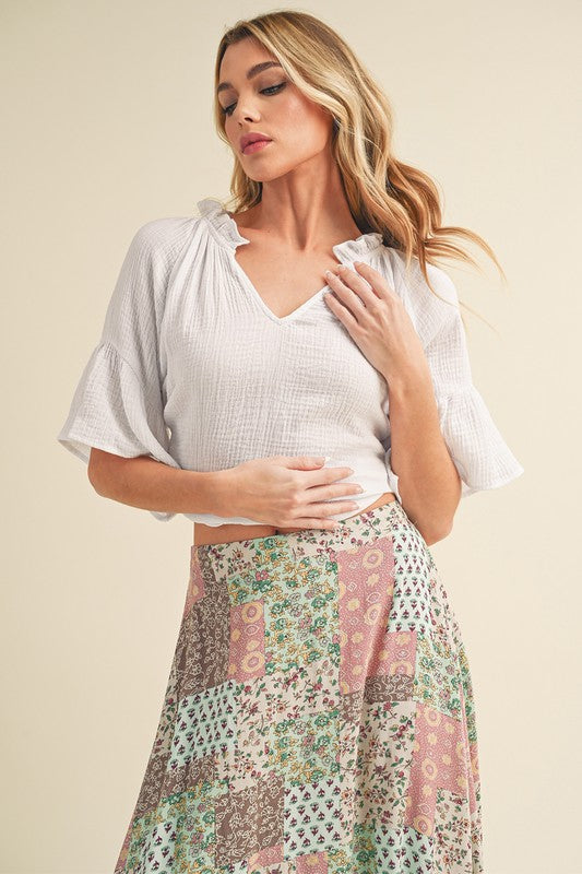 Aemi Co Side Slit Notched Ruffled Half Sleeve Blouse 1