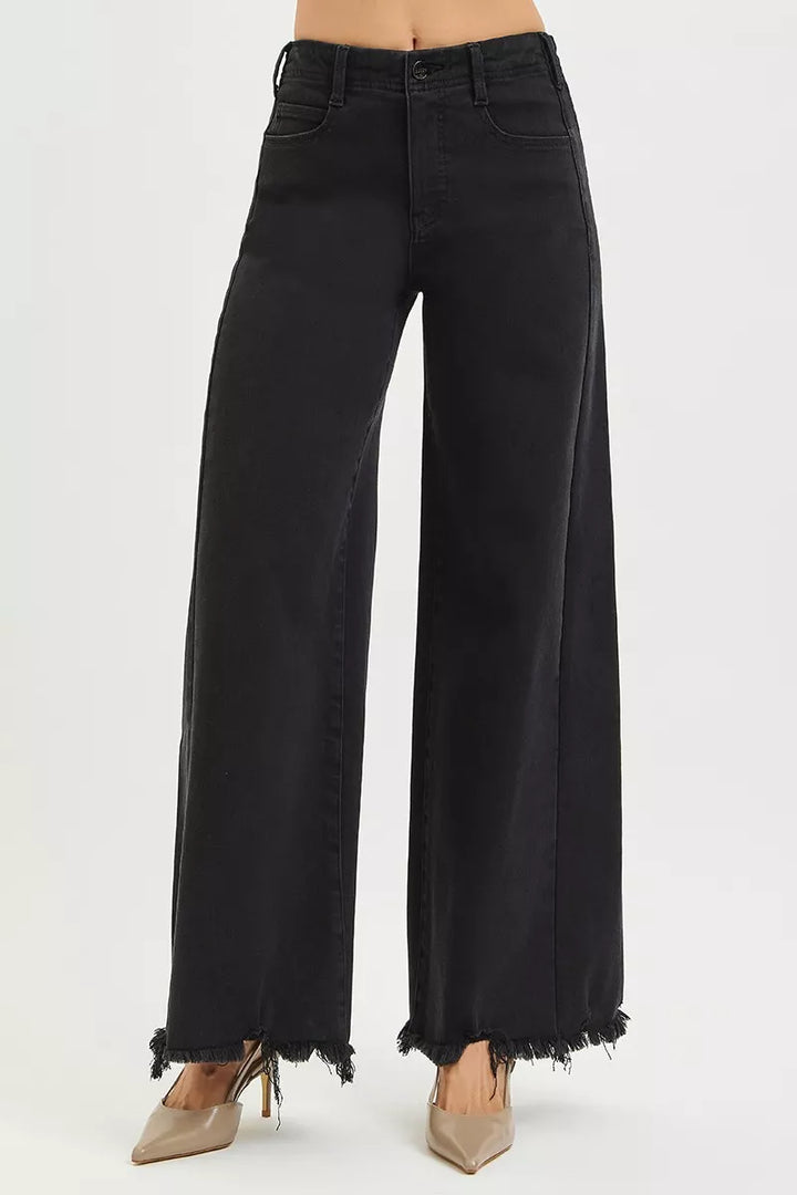 Black Risen Tummy Control High Rise Palazzo Leg Frayed Hem Jeans