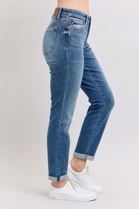 Dark Judy Blue Full Size Mid Rise Skinny Cuff Jeans With Pockets Plus Size