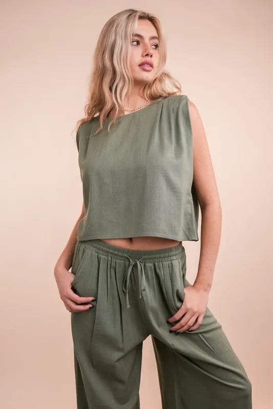 Very J Solid Woven Top Pants Set 1