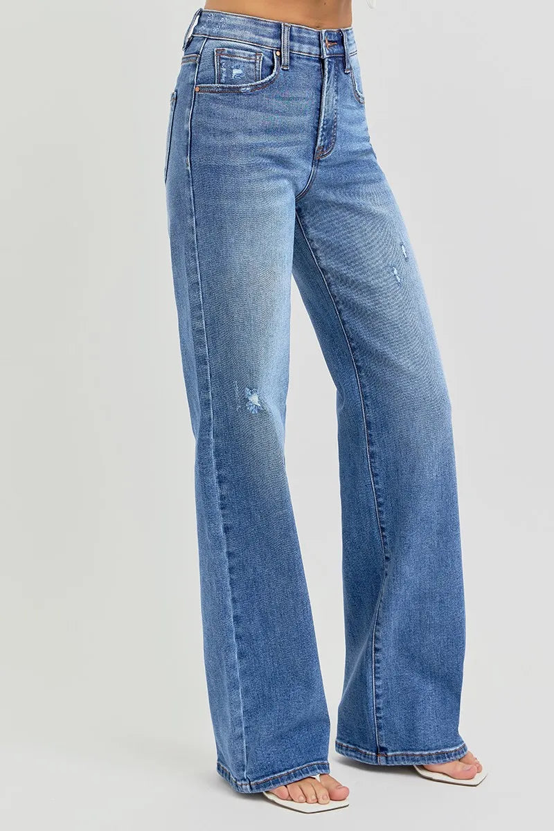 Medium Risen Full Size Tummy Control Elastic Band High Rise Wide Jeans Plus Size