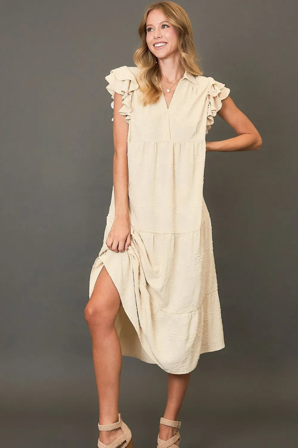 Cream Umgee Full Size Tiered Floral Burnout Ruffle Sleeve Midi Dress Plus Size