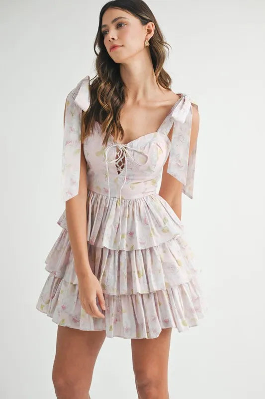 Pink Mable Floral Print Shoulder Tie Layered Mini Dress 1