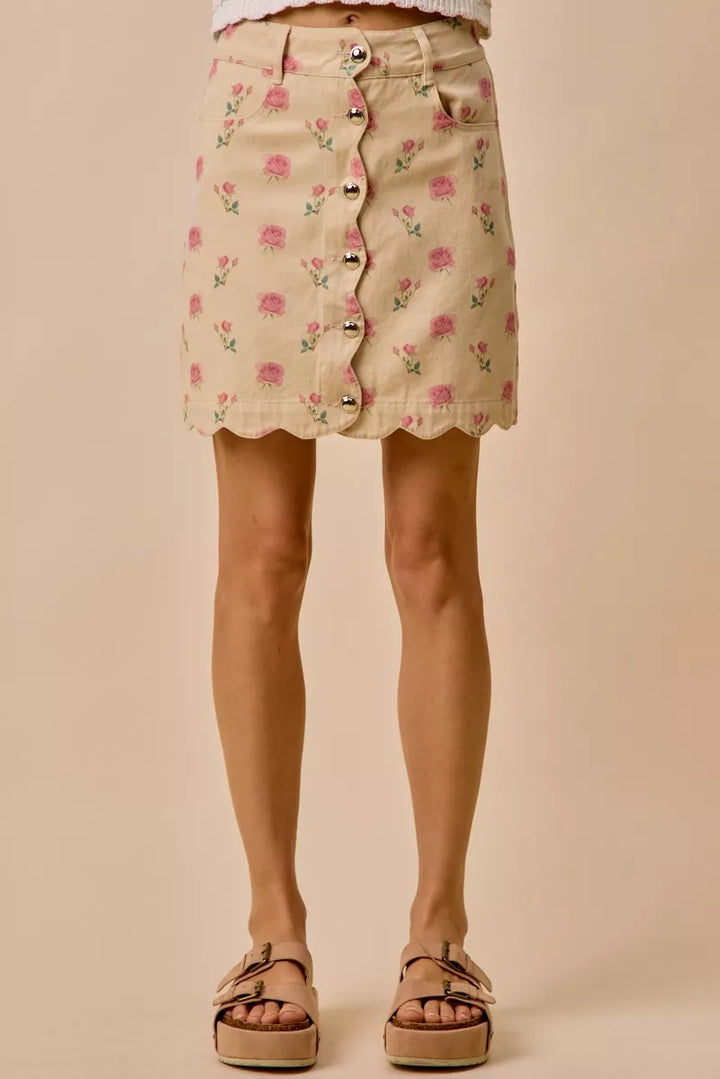 Ivory/Pink So Me Floral Rose Print Cotton Twill Scallop Mini Skirt