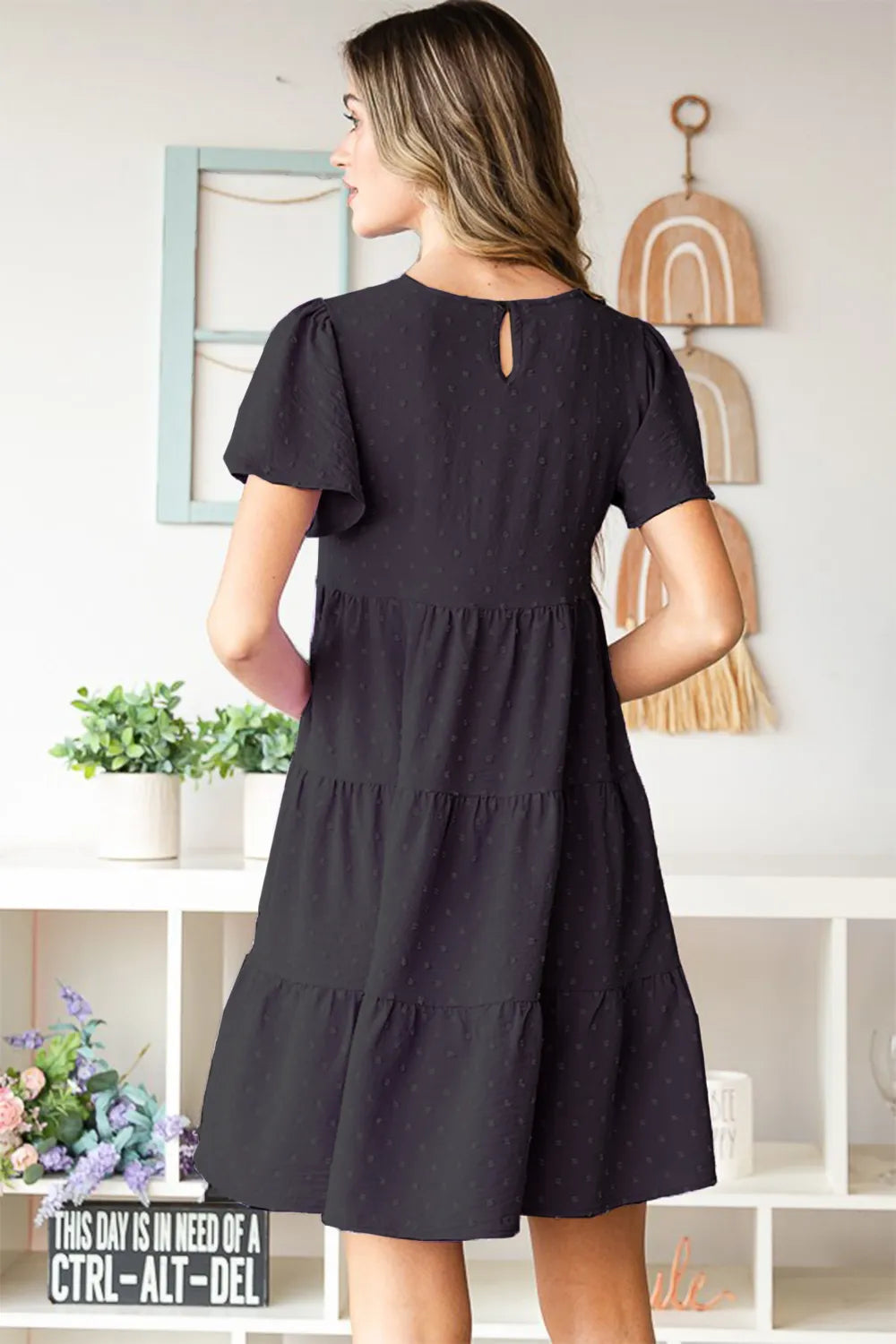 Black Heimish Swiss Dot Short Sleeve Tiered Dress