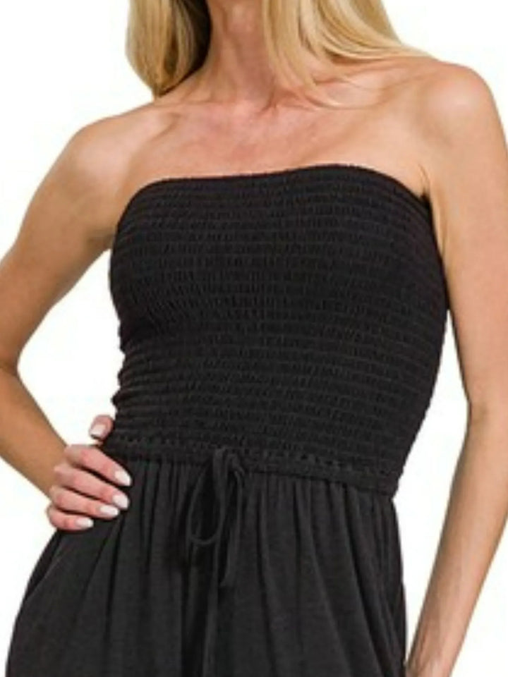 Black Zenana Strapless Wide Leg Smocked Jumpsuit