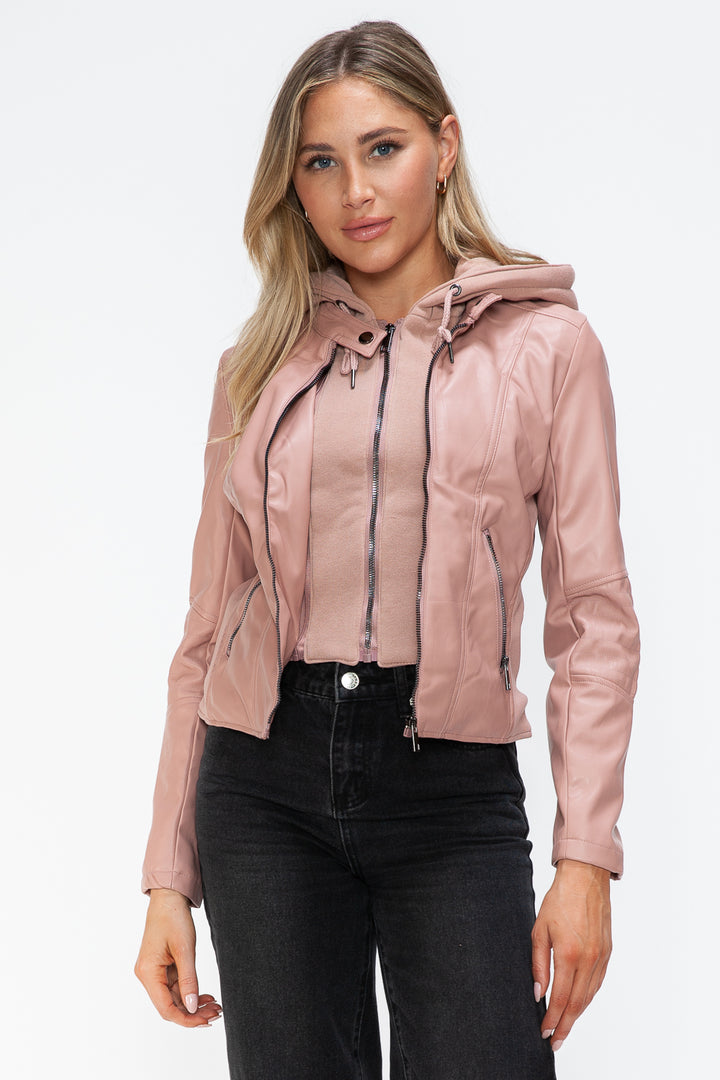 Mauve Snobbish Faux Leather Zip Up Drawstring Hooded Jacket 4