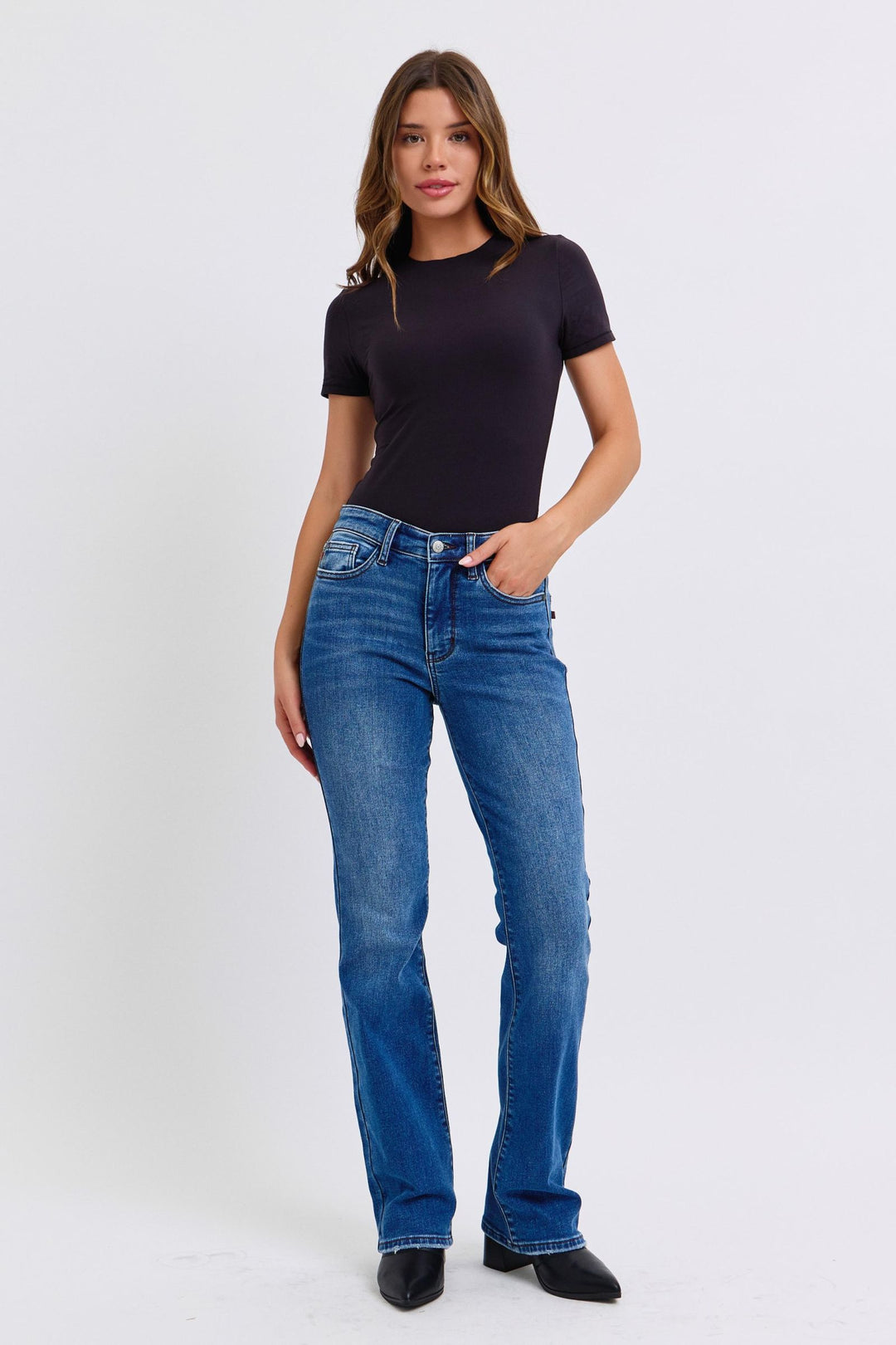 Dark Judy Blue Full Size Run Mid Rise Bootcut Jeans With Thermal Lining