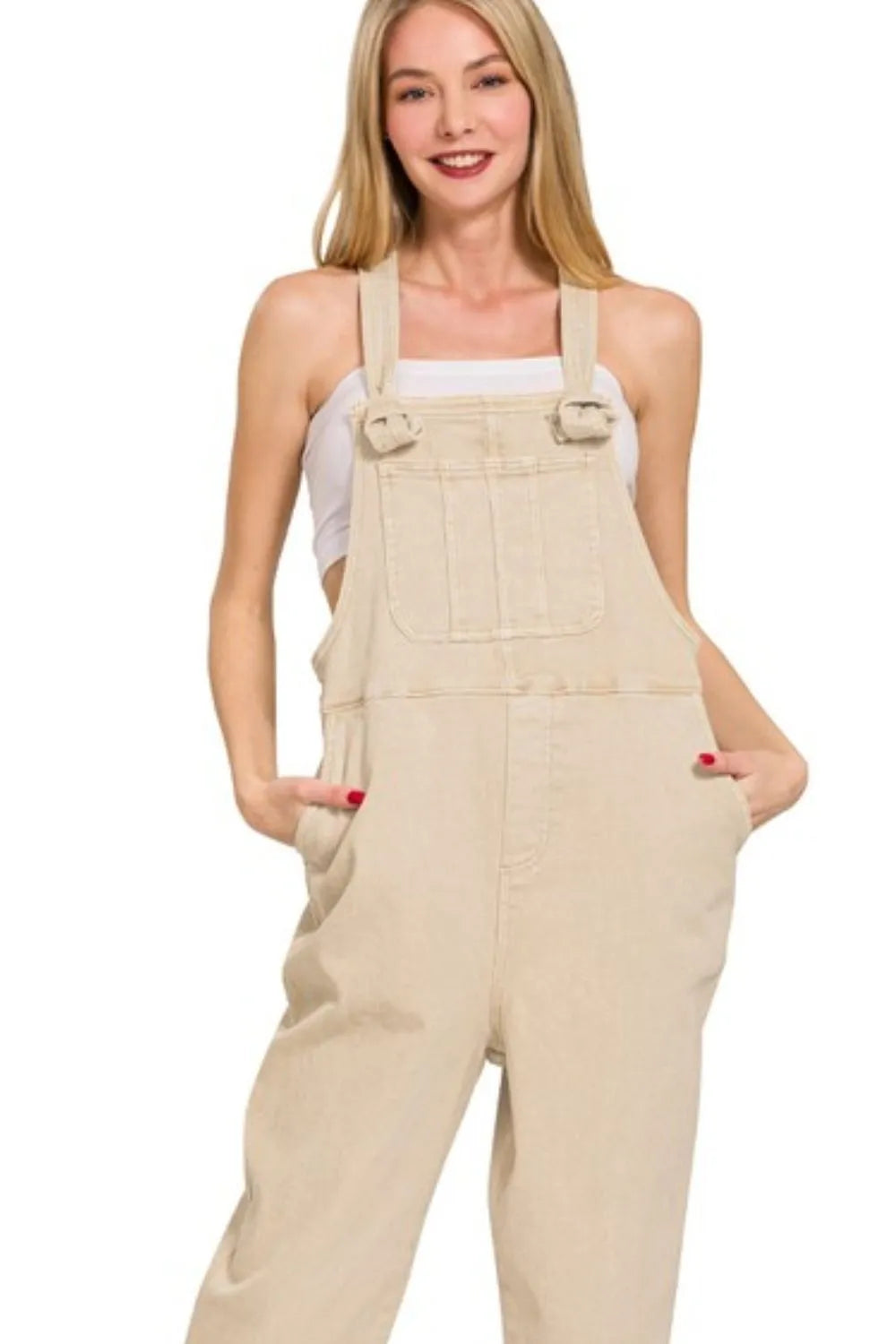 Sand Beige Zenana Washed Knot Strap Relaxed Fit Overalls 2
