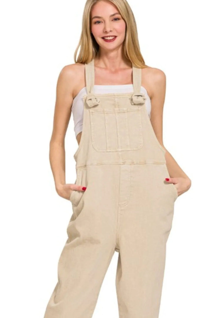 Sand Beige Zenana Washed Knot Strap Relaxed Fit Overalls 2