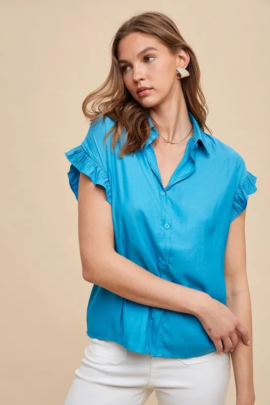 Bright Teal Annie Wear Relaxed Fit Ruffle Sleeve Woven Blouse Top