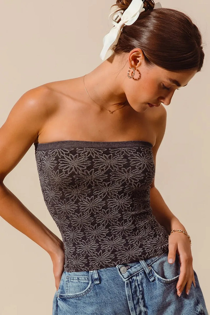 So Me Jacquard Floral Two Tone Seamless Tube Top 1