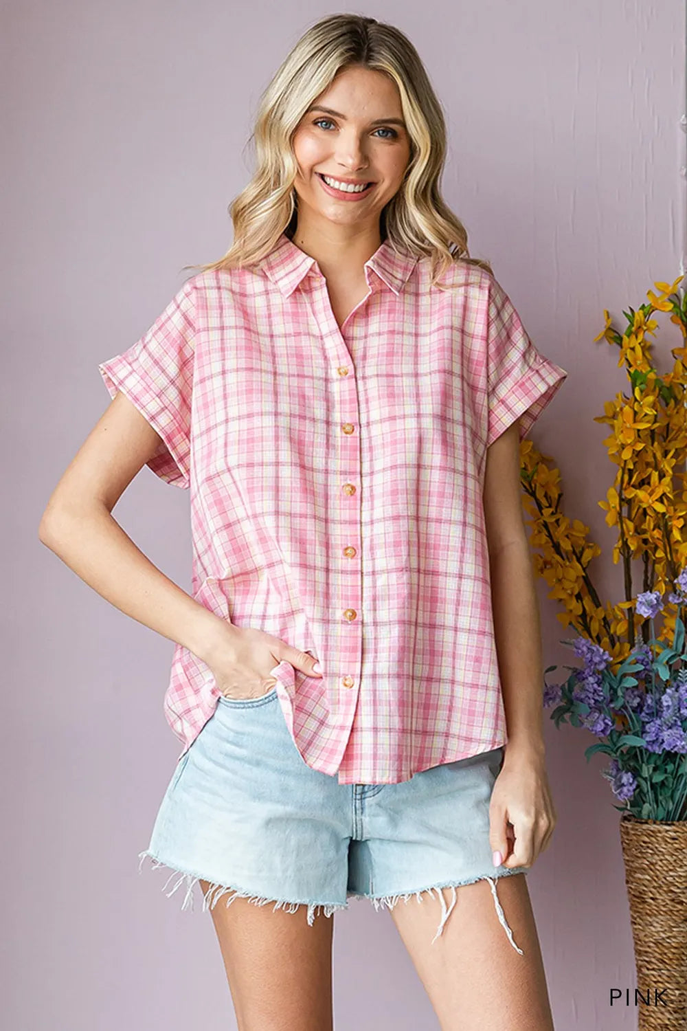 Pink Cotton Bleu By Nu Lab Plaid Collared Neck Short Sleeve Shirt