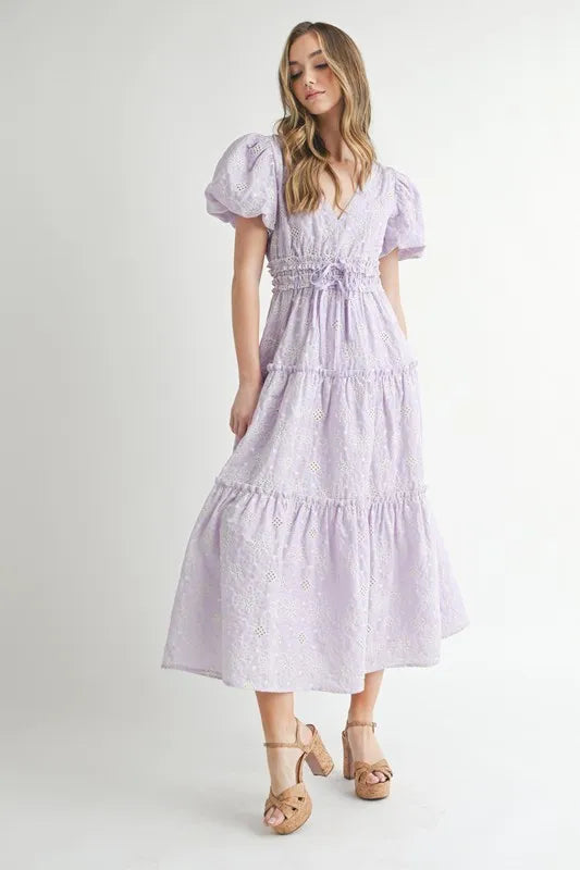 Lavender Mable Eyelet Lace Puff Sleeve V Neck Midi Dress 1