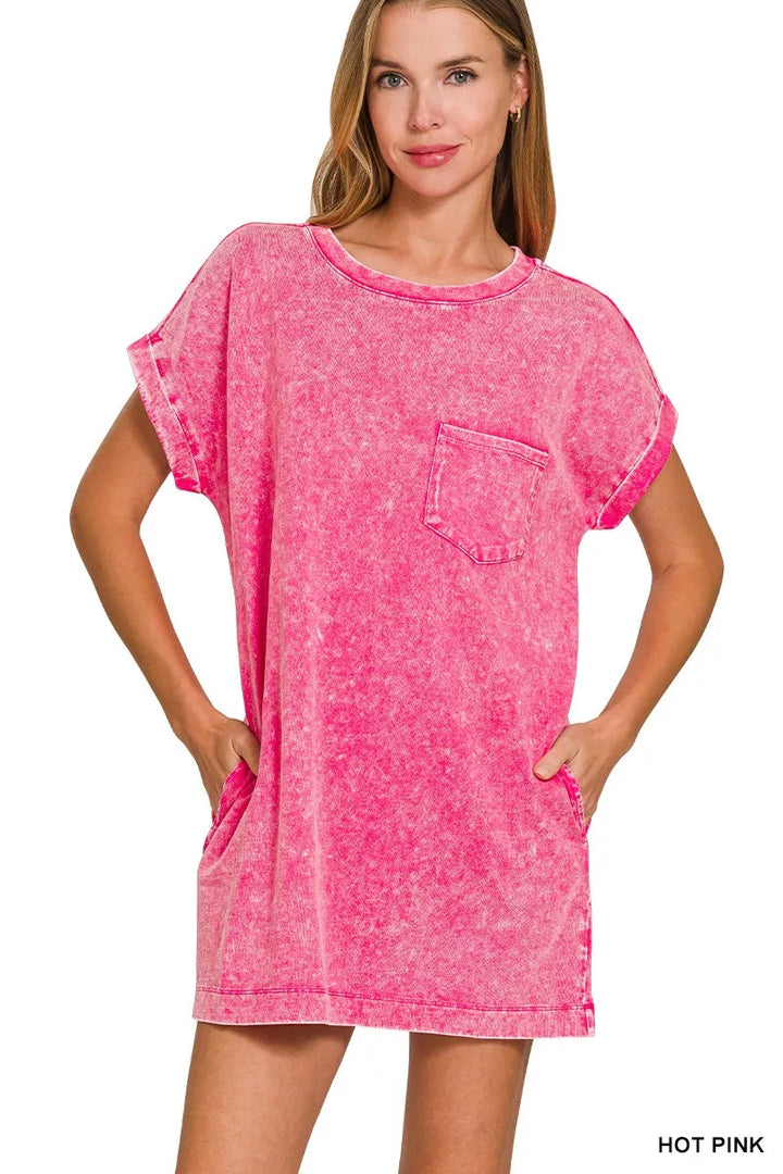 Hot Pink Zenana Premium Cotton Washed T Shirt Dress