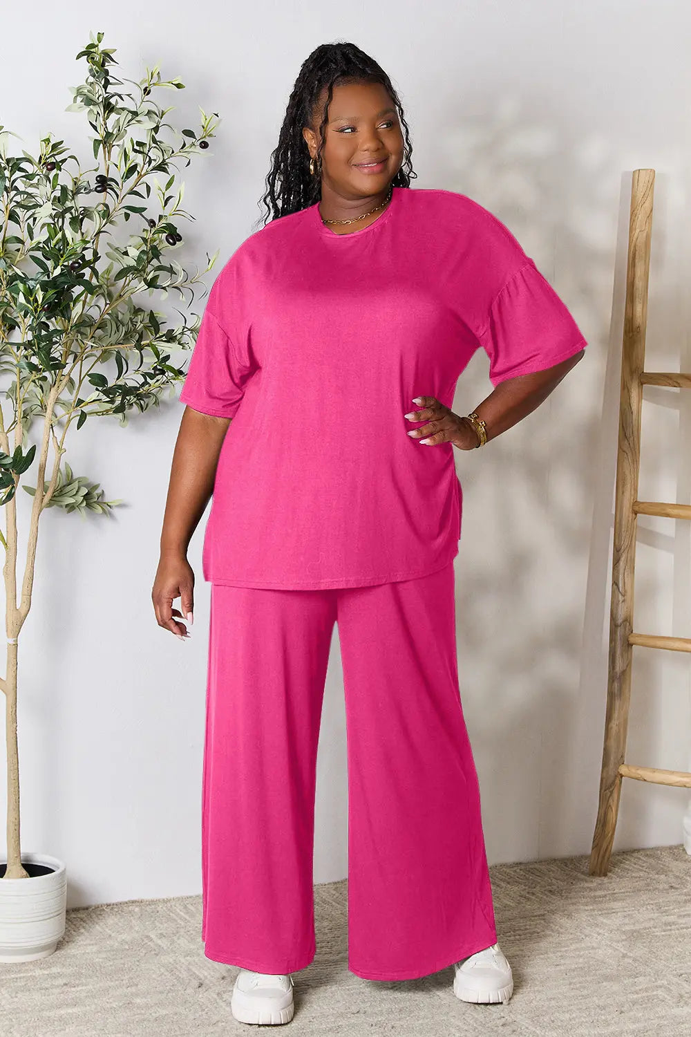 Hot Pink Double Take Full Size Round Neck Slit Top And Pants Set