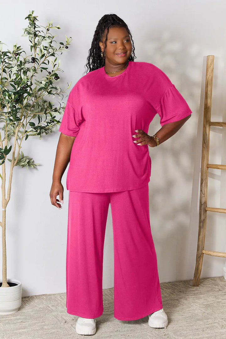 Hot Pink Double Take Full Size Round Neck Slit Top And Pants Set
