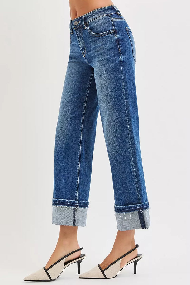 Dark Risen Mid Rise Ankle Straight Jeans With Cuffed Hem