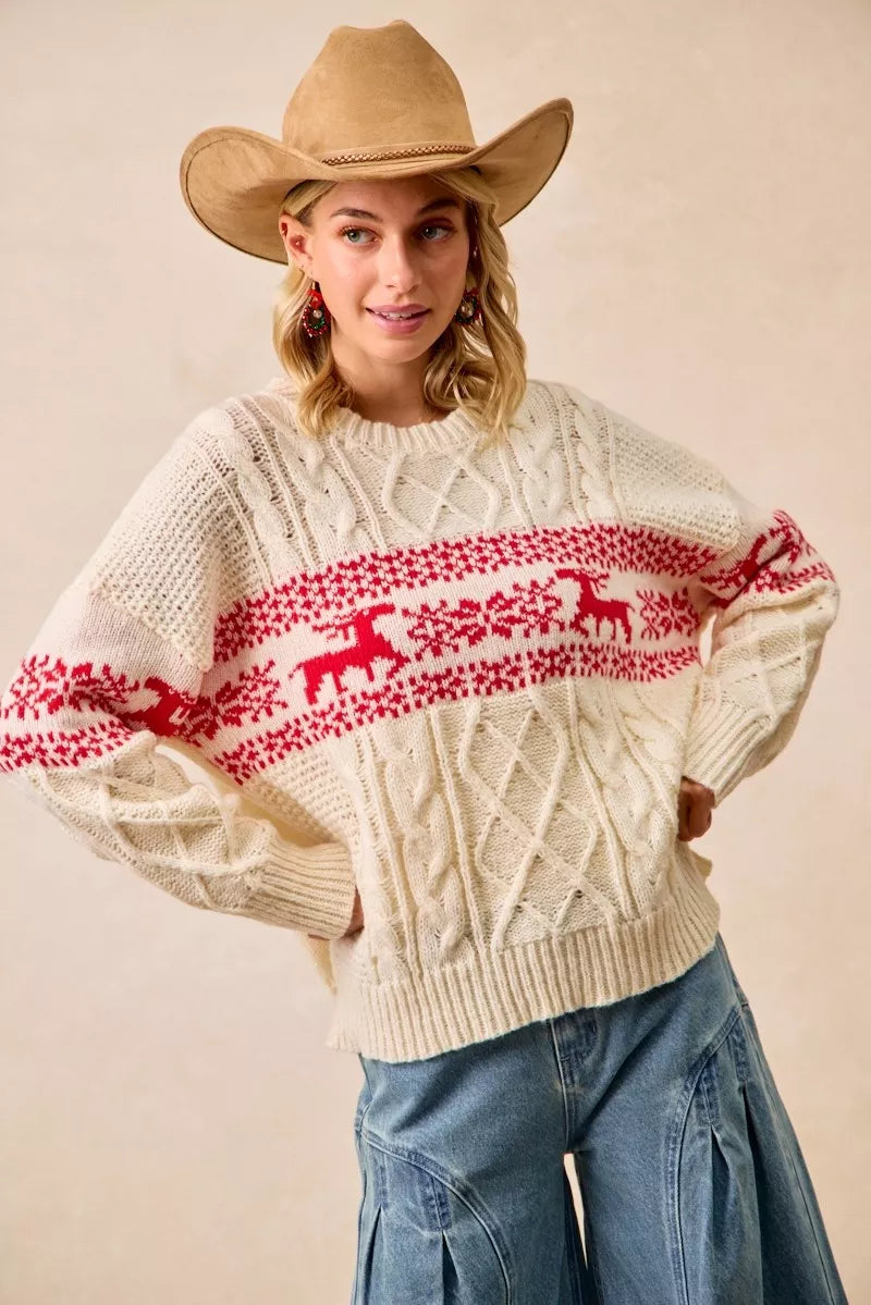 Bibi Christmas Theme Patterned Cable Knit Sweater