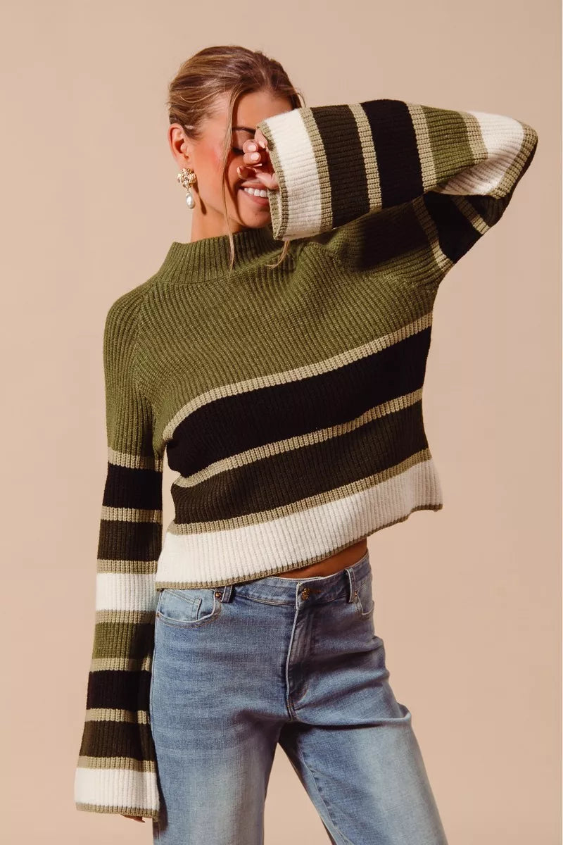 Olive Combo So Me Multi Color Striped Mock Neck Sweater