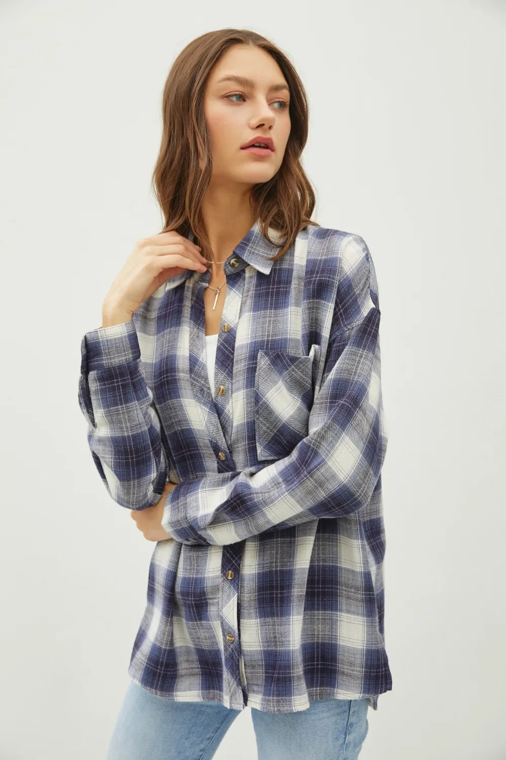 Blue Be Cool Plaid Flannel Button Down Shirt With Chest Pocket