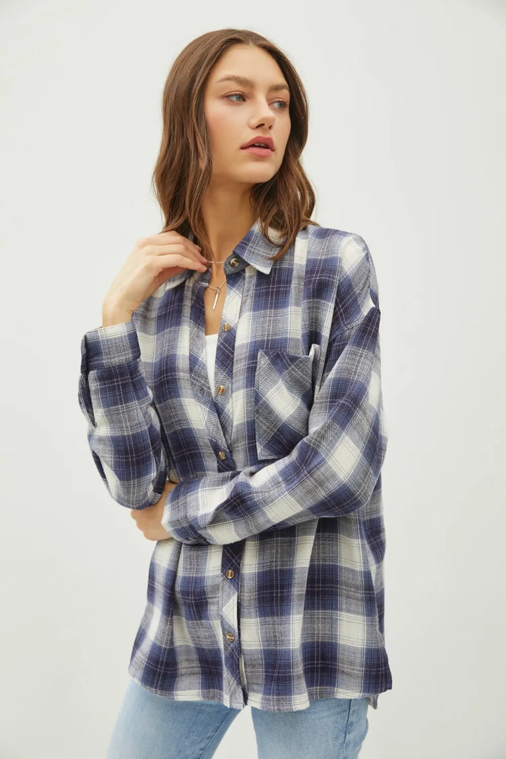 Blue Be Cool Plaid Flannel Button Down Shirt With Chest Pocket