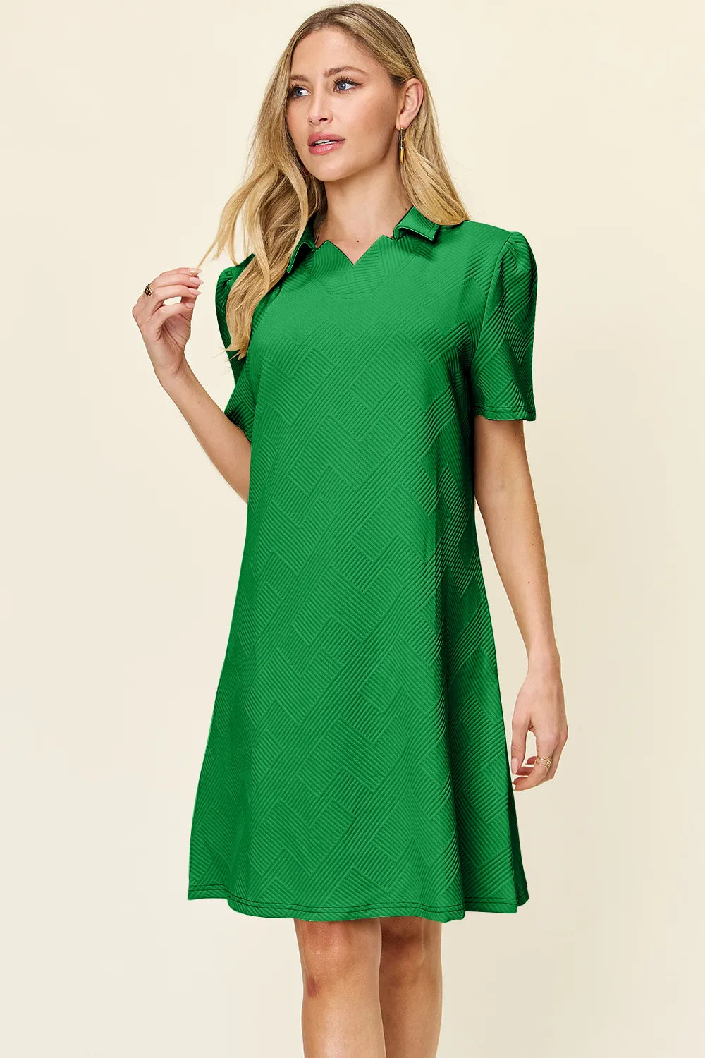 Mid Green Double Take Full Size Texture Collared Neck Short Sleeve Dress