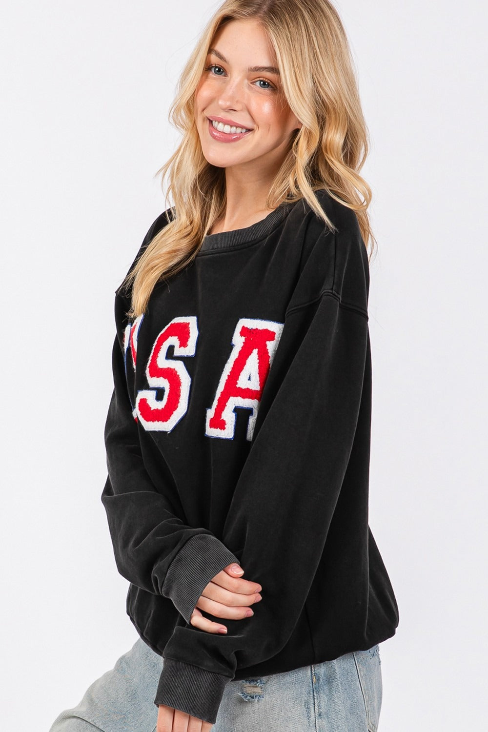 Sage Fig Usa Letter Patch Round Neck Sweatshirt