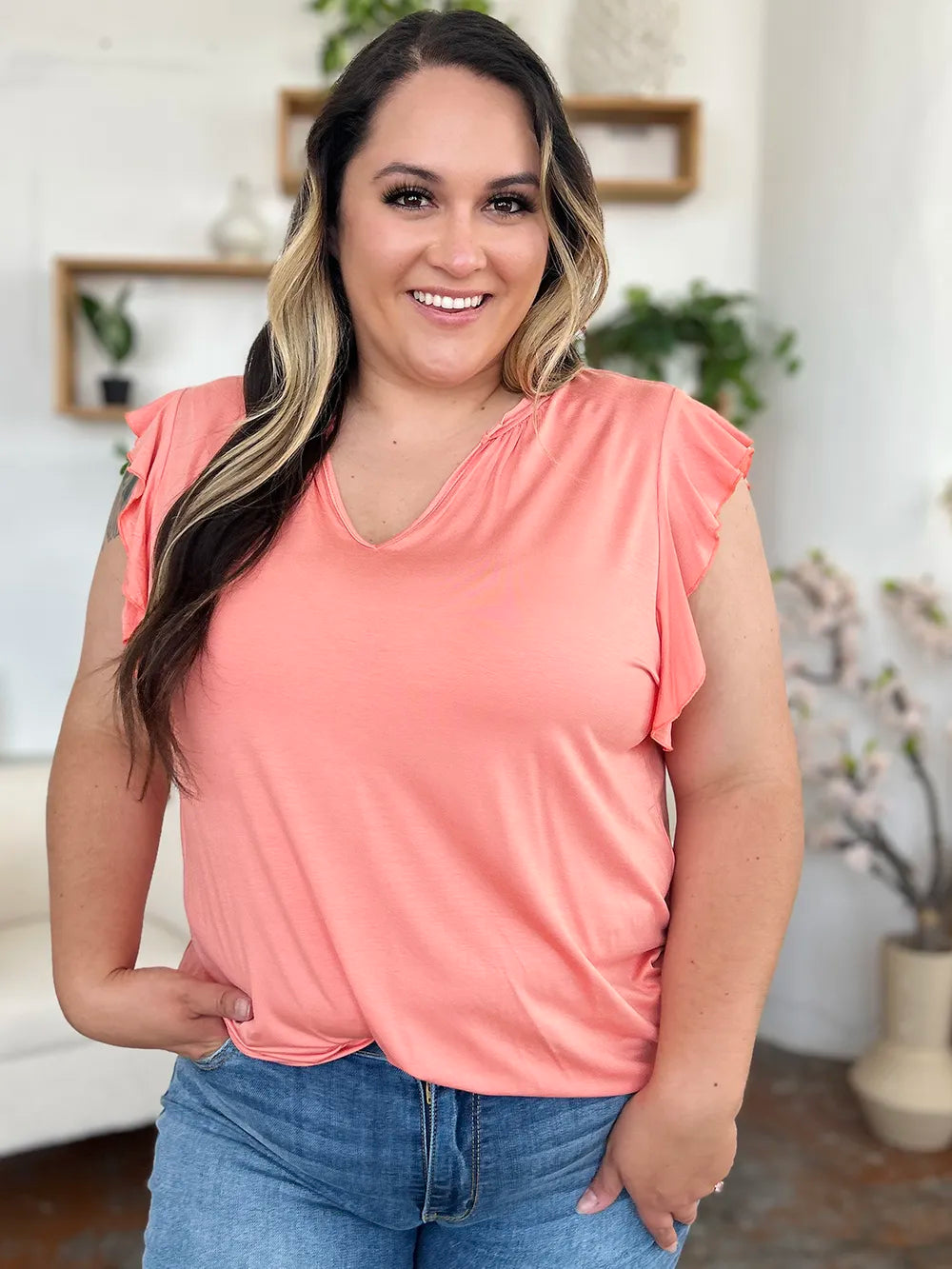 Coral Basic Bae Full Size Bamboo Notched Ruffled Short Sleeve T Shirt
