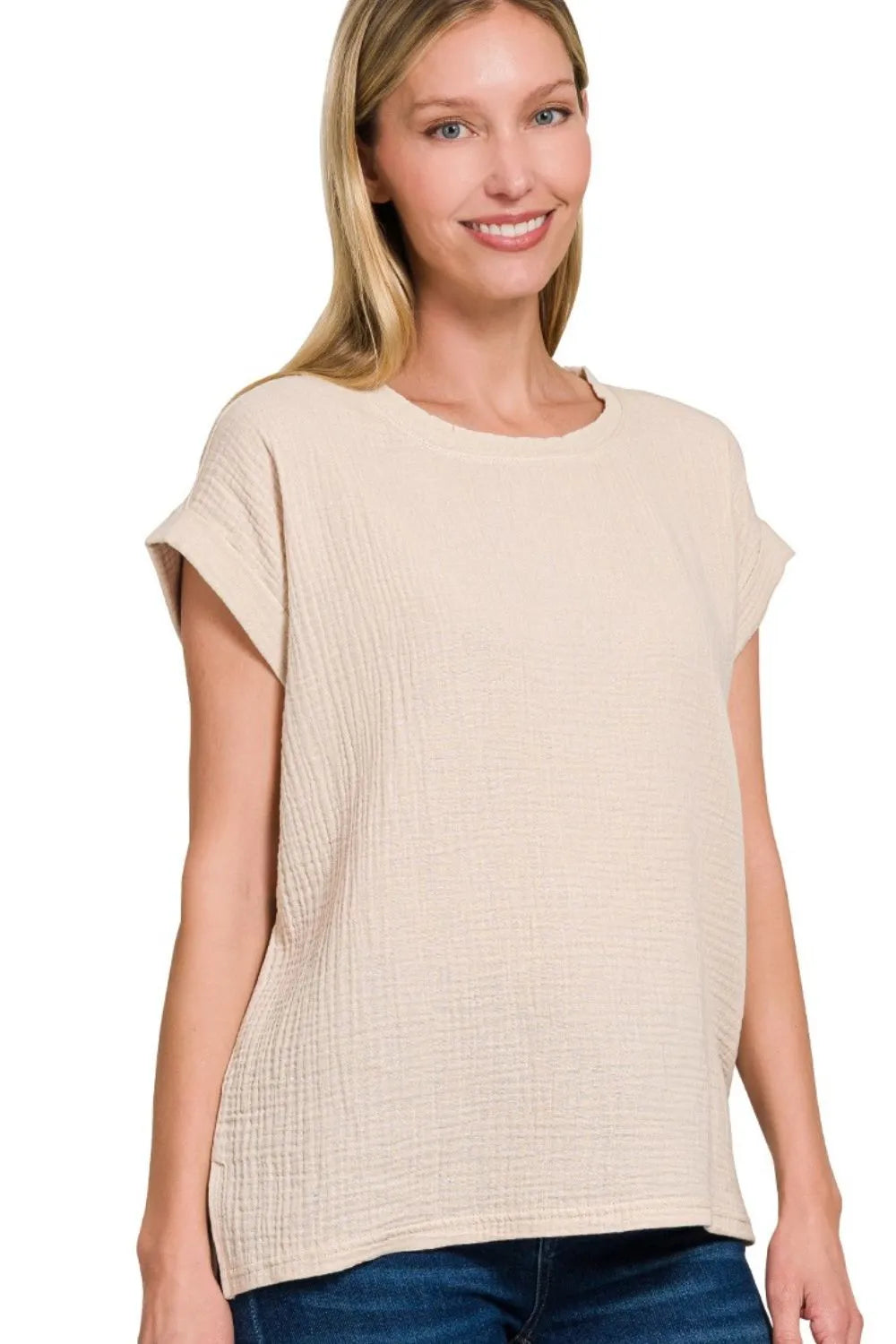 Sand Beige Zenana Double Gauze Round Neck Folded Short Sleeve Top