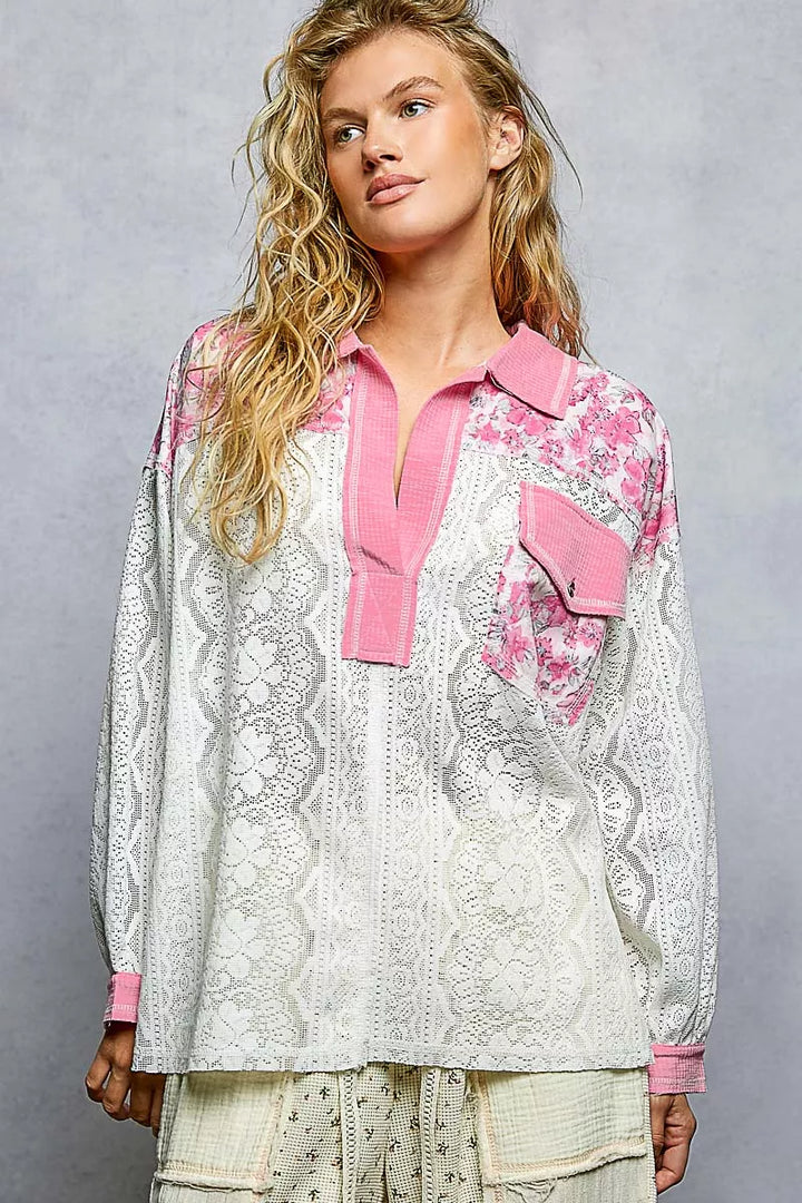 Candy Pink Pol Floral Print Long Sleeve Lace Shirt With Front Pocket