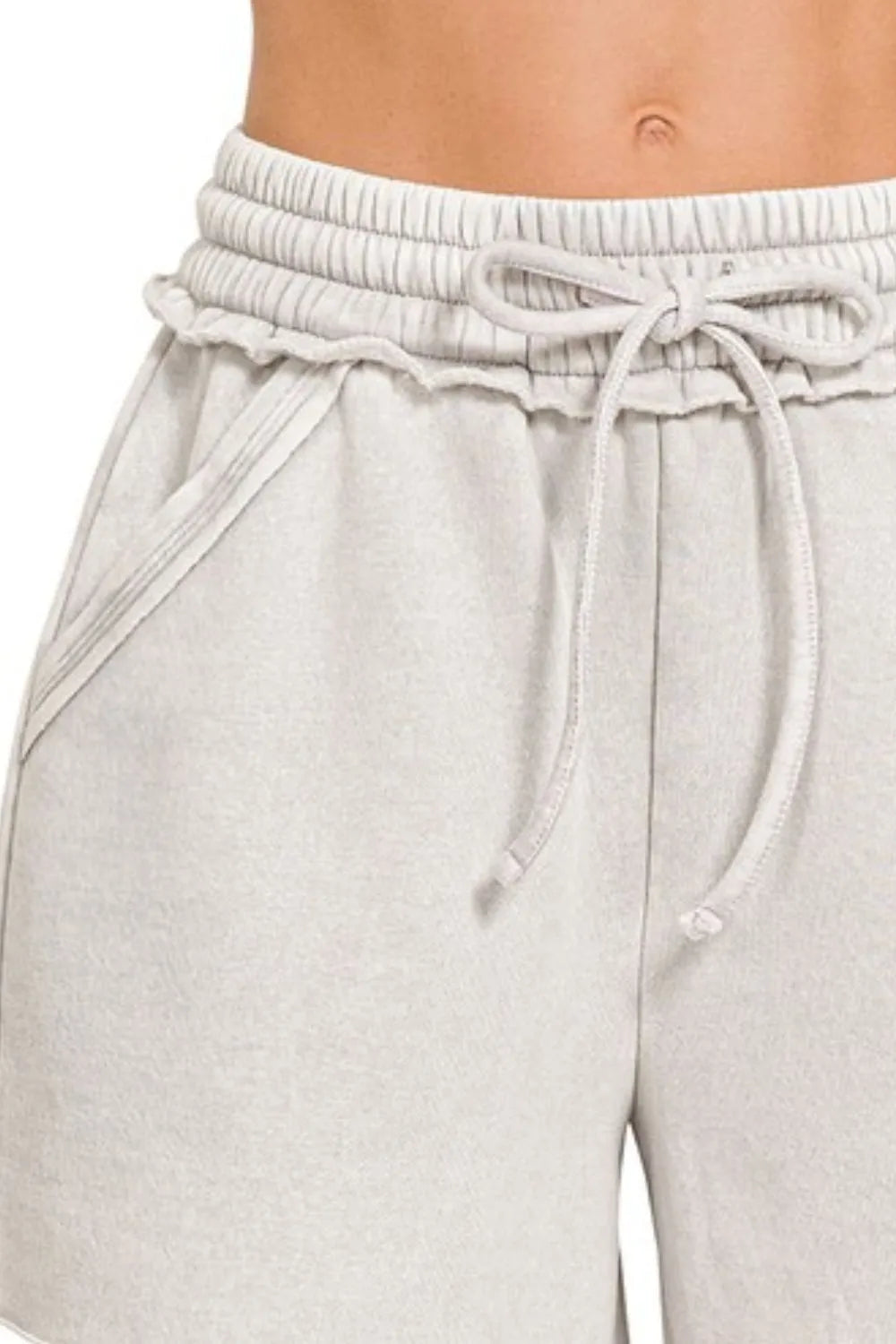 Lt Cement Zenana Acid Wash Fleece Drawstring Shorts With Pockets
