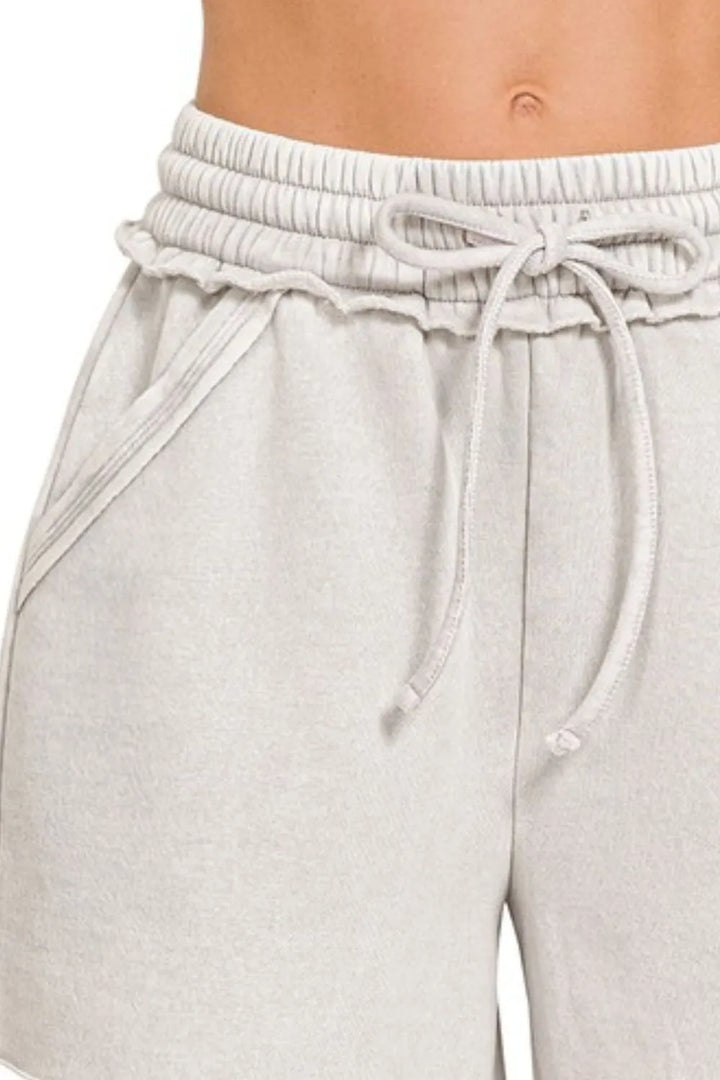 Lt Cement Zenana Acid Wash Fleece Drawstring Shorts With Pockets
