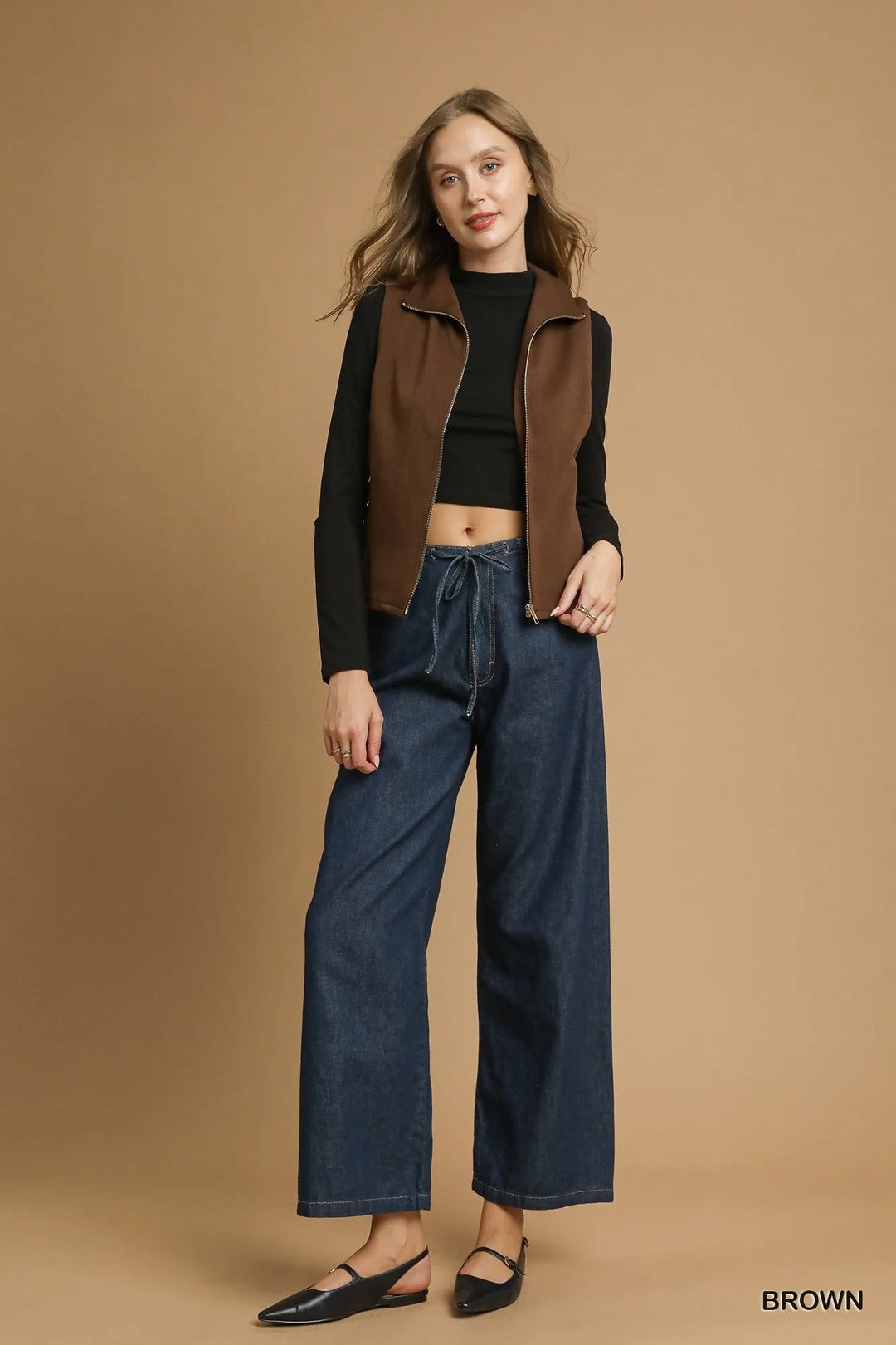 Brown Umgee Zip Front Fitted Vest With Pockets 1
